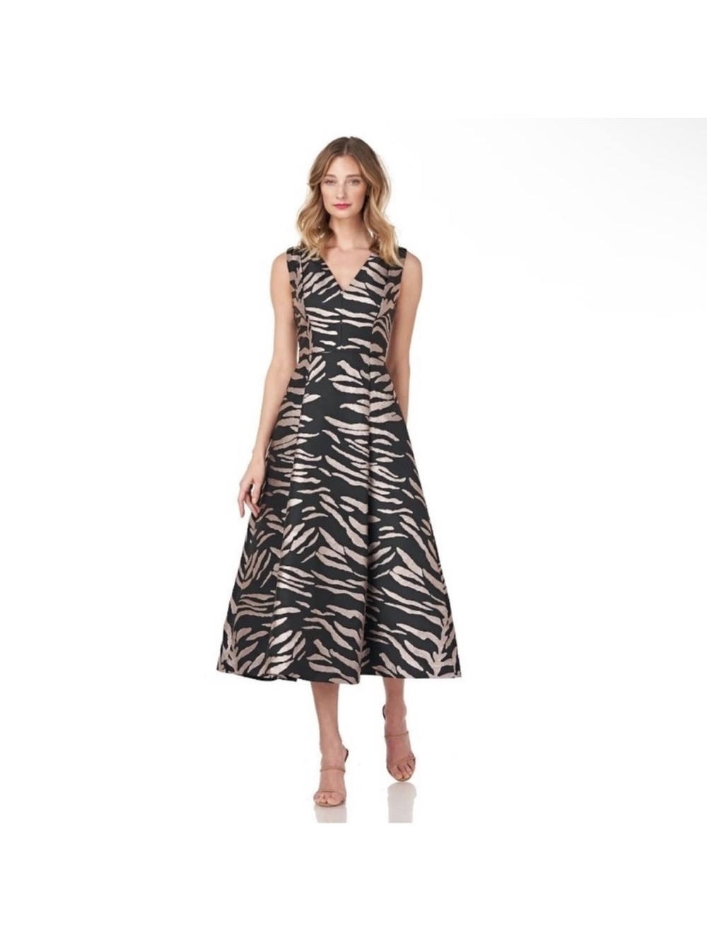 Kay Unger Black and Beige Zebra-Print Fit & Flare Dress